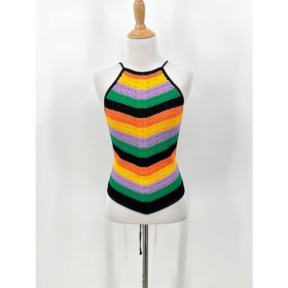 MAJE Stripe Crochet Halterneck Top Womens Medium Chevron Rainbow Stripe NEW - Picture 2 of 16